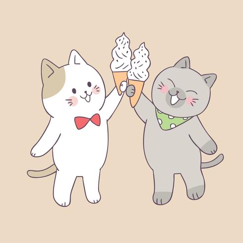 Gatos bonitos do verão dos desenhos animados e vetor do gelado.