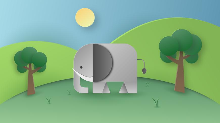 Arte de papel do elefante selvagem na floresta. Ofício digital e conceito de papercraft. Tema de papel de parede e plano de fundo. vetor