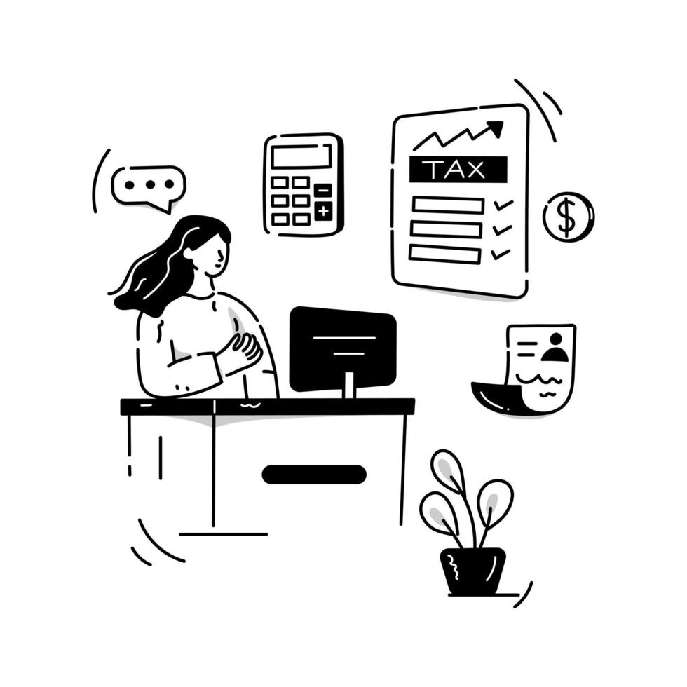 uma ilustração desenhada à mão de consultor de contabilidade, pessoa com documento de contas vetor