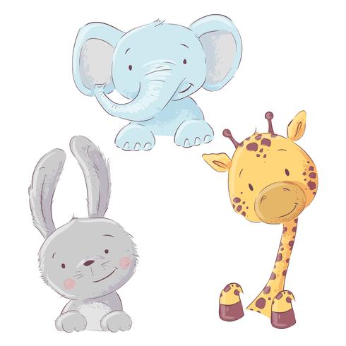 Conjunto de bebê elefante coelho e girafa. Estilo dos desenhos animados. Vetor