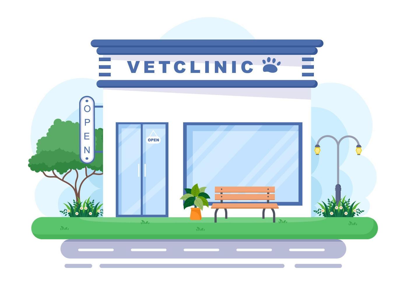médico de clínica veterinária examinando, vacinação e cuidados de saúde para animais de estimação como cães e gatos em ilustração vetorial de plano de fundo dos desenhos animados para pôster ou banner vetor