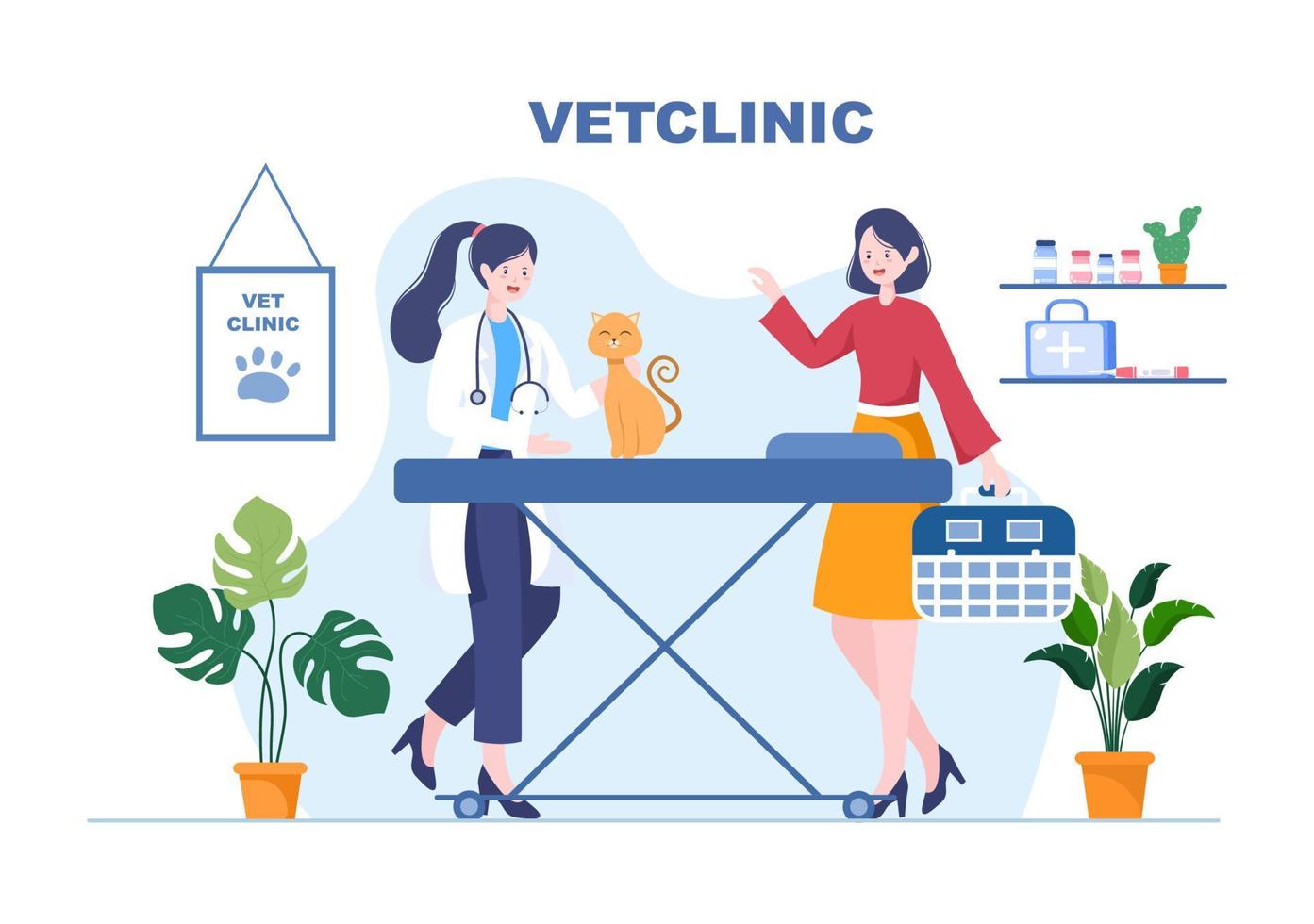 médico de clínica veterinária examinando, vacinação e cuidados de saúde para animais de estimação como cães e gatos em ilustração vetorial de plano de fundo dos desenhos animados para pôster ou banner vetor