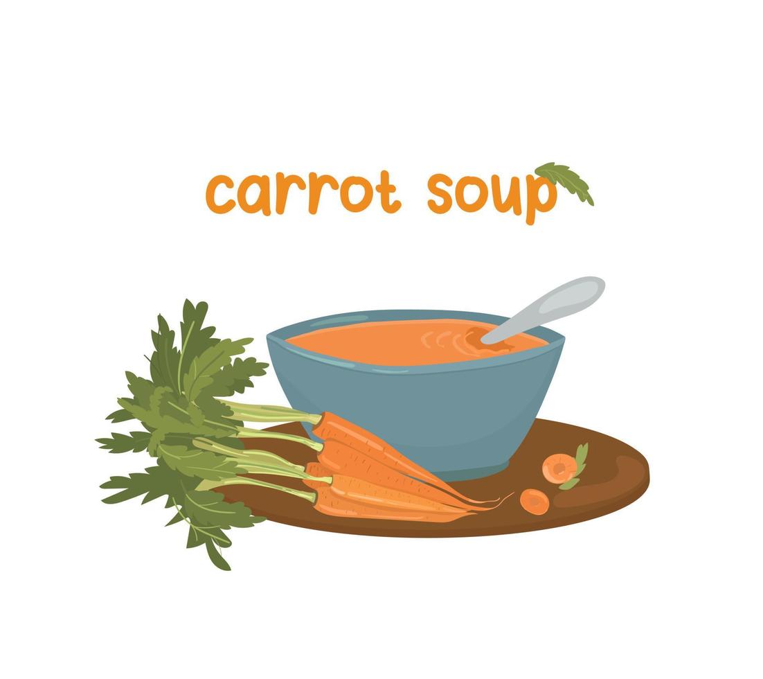 sopa de purê de cenoura em um prato azul. sopa de legumes fresca. ilustração para menus, anúncios, sites. vetor