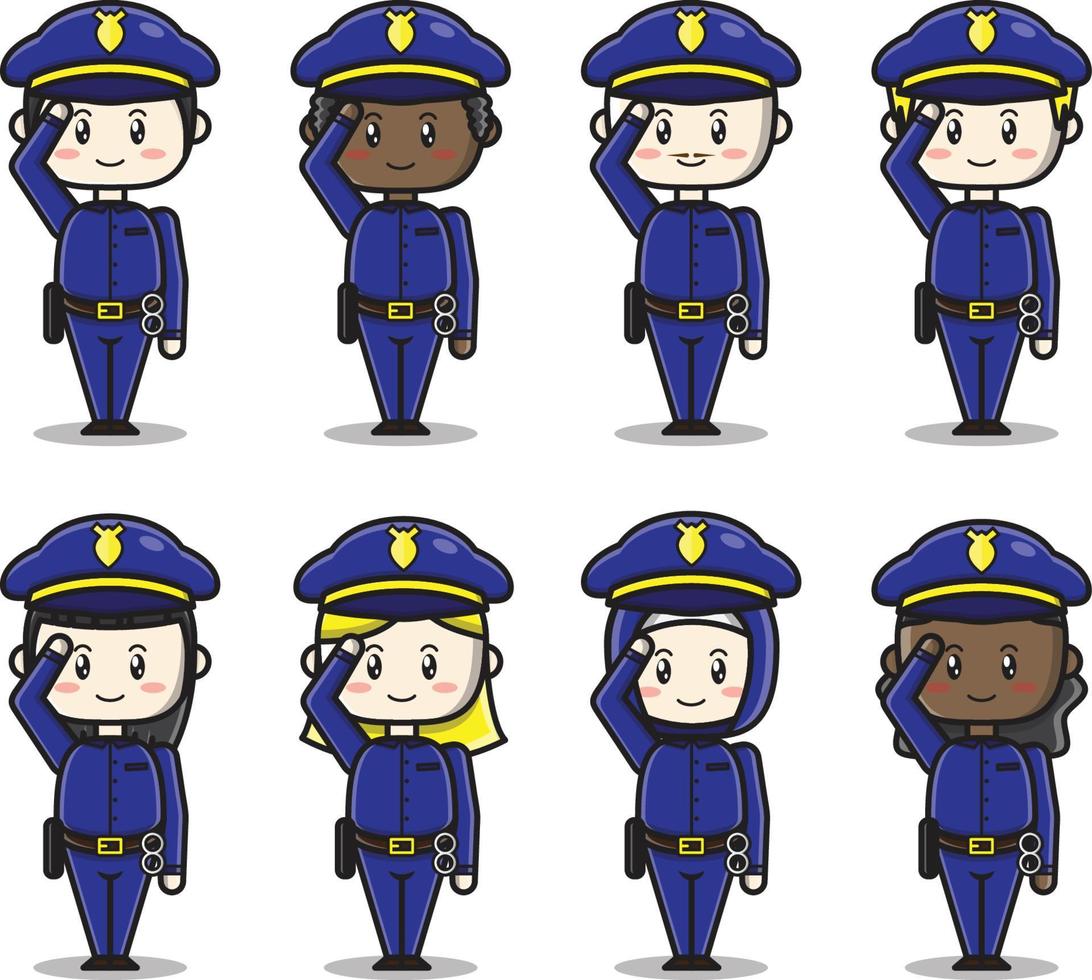 polícia bonitinha de uniforme azul com uma posição respeitosa em pessoas diferentes vetor