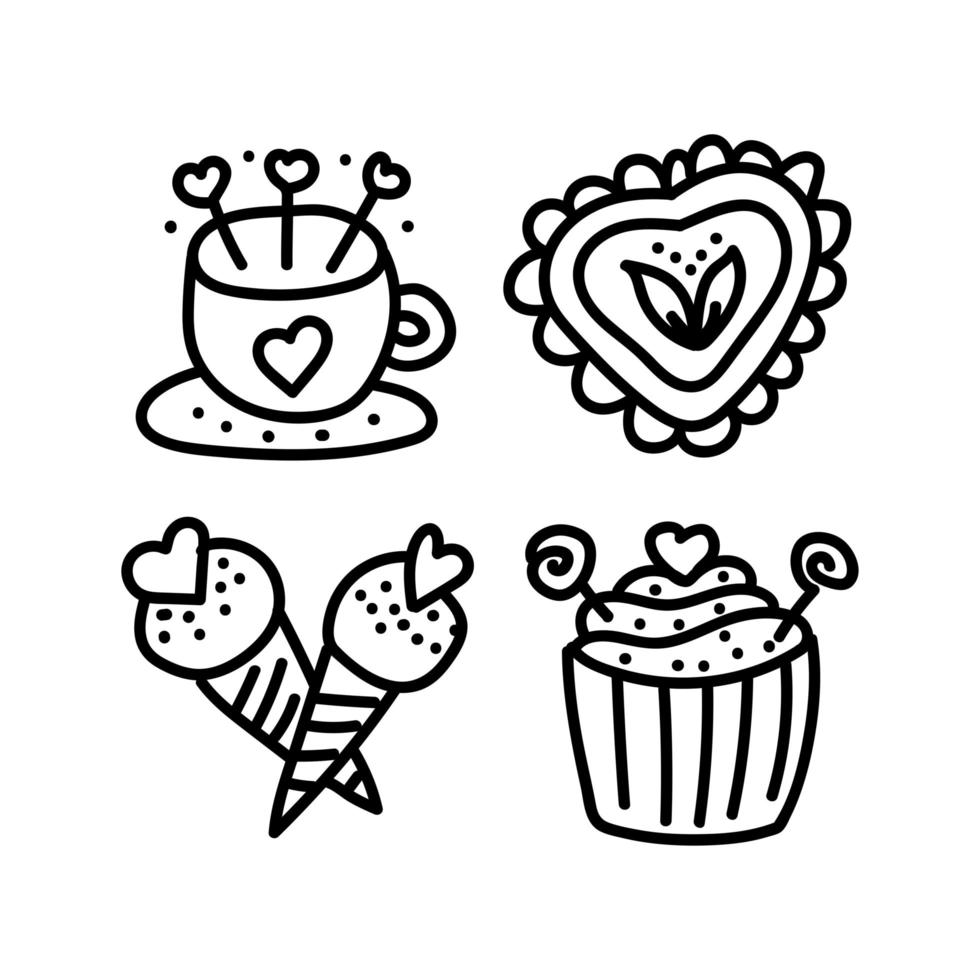 dia dos namorados doodle conjunto de data de ícones dos amantes. reunião em um café sorvete, uma xícara de café, cupcake, sorvete em um cone, biscoito dos namorados. ilustração desenhada à mão para web, cartão, feriado, adesivo vetor