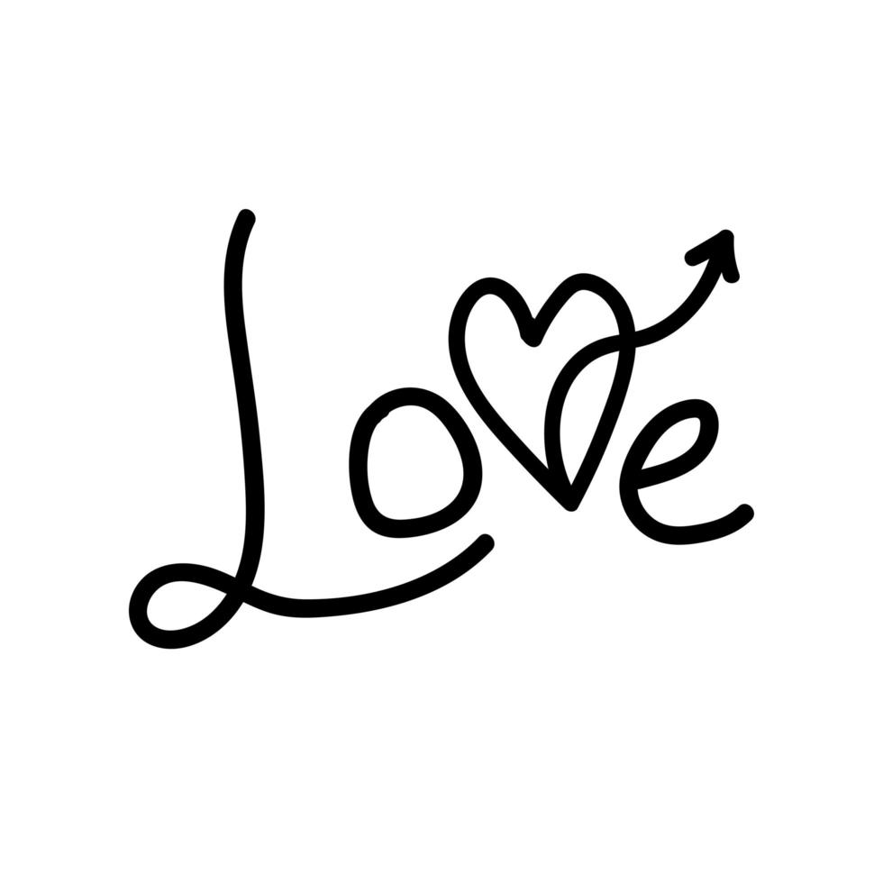 seta de doodle linear com coração e letras de amor de caligrafia. ponteiro amor, trajetória, gosto. elemento de design vetorial para mídias sociais, dia dos namorados e designs românticos vetor