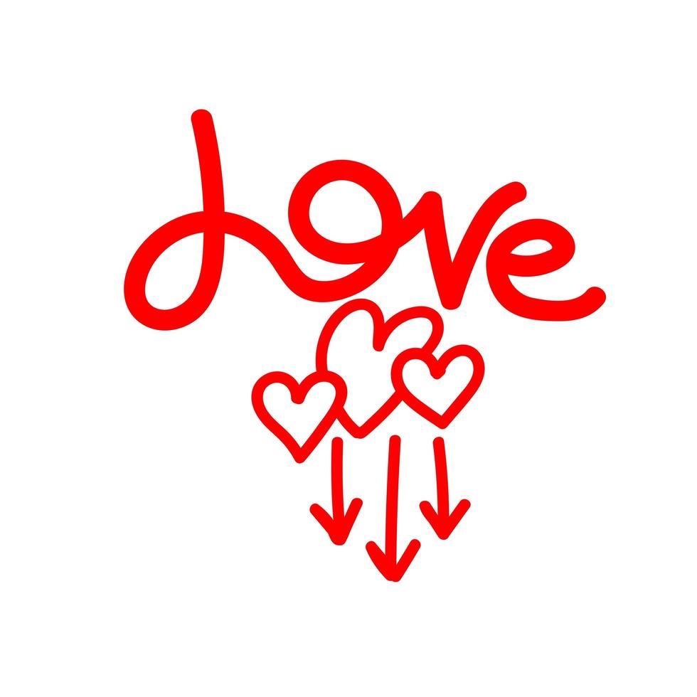 seta de doodle vermelho linear para baixo com coração e letras de amor de caligrafia. ponteiro amor, trajetória, direção, gosto. elemento de design vetorial para mídias sociais, dia dos namorados e designs românticos vetor