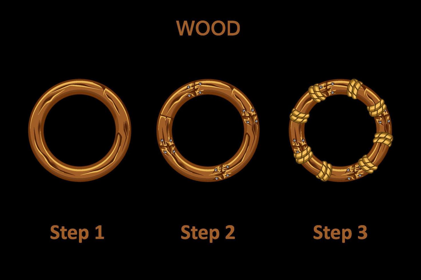 conjunto de aplicativo de moldura redonda de madeira, 3 etapas para progredir. molduras de madeira para desenhar melhorias. vetor