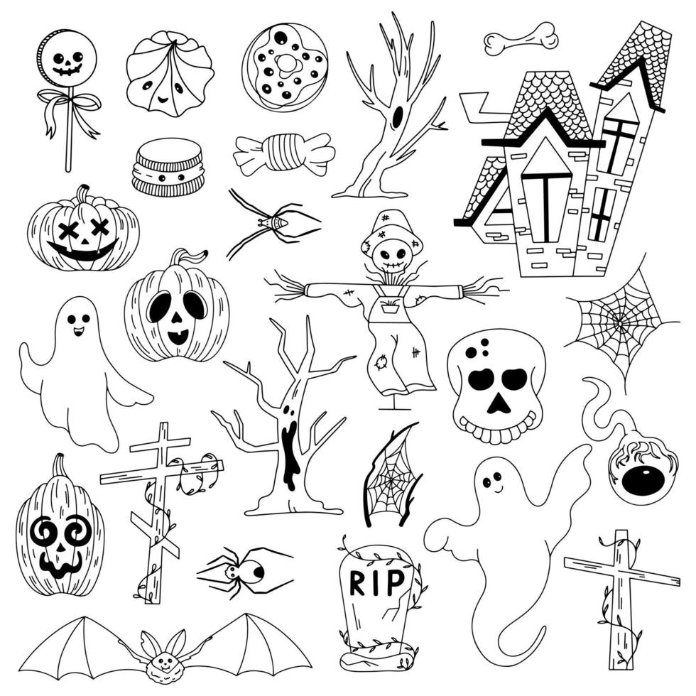 conjunto de arte de linha vetorial de halloween. símbolos tradicionais de halloween - abóboras esculpidas, doces de halloween, cemitério, fantasmas, caveira, morcego, árvore assustadora e casa vetor