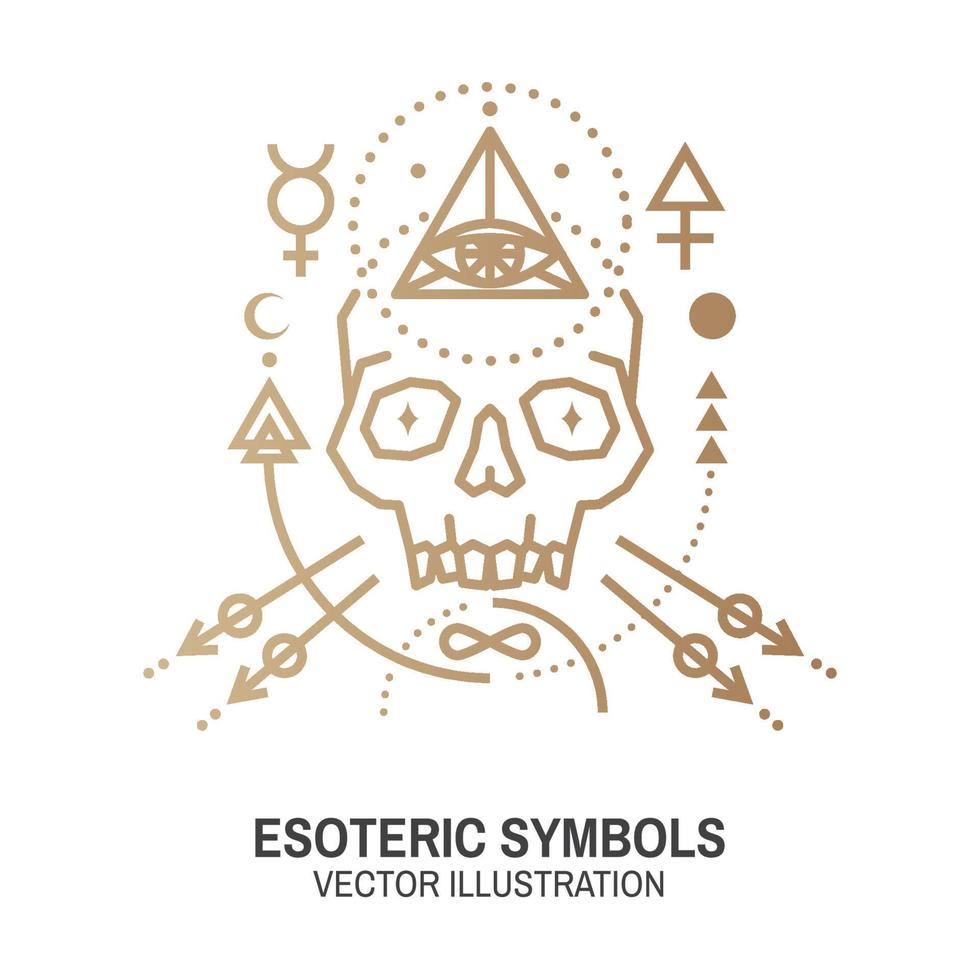 símbolos esotéricos. vetor. distintivo geométrico de linha fina. ícone de contorno para alquimia ou geometria sagrada. design místico e mágico com símbolos de caveira e alquimia. vetor