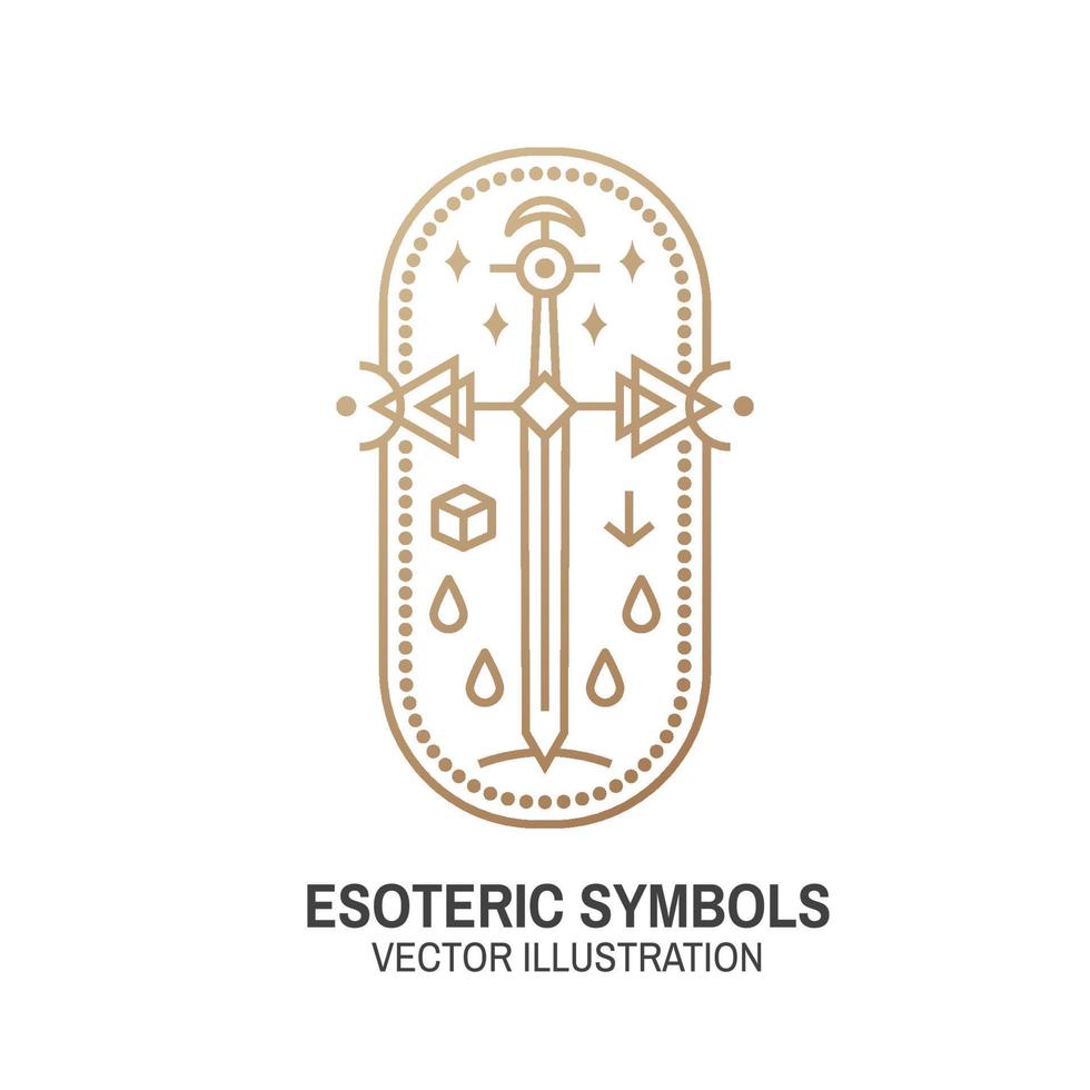 símbolos esotéricos. vetor. distintivo geométrico de linha fina. ícone de contorno para alquimia ou geometria sagrada. design místico e mágico com espada velha. vetor