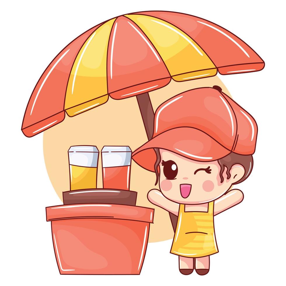 garota sorridente de estilo cartoon vendendo em uma barraca de bebida com um guarda-chuva vetor