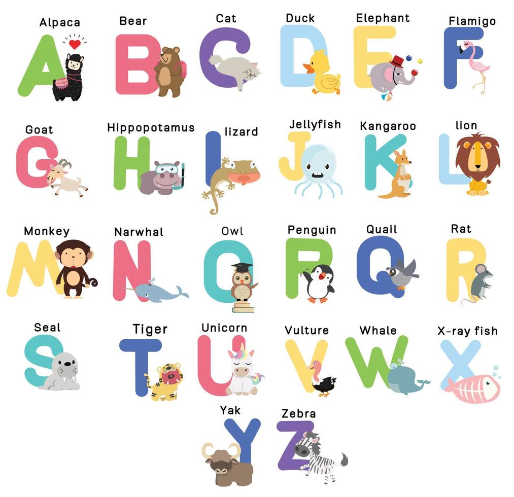 alfabetos de animais fofos para conjunto de educação infantil vetor