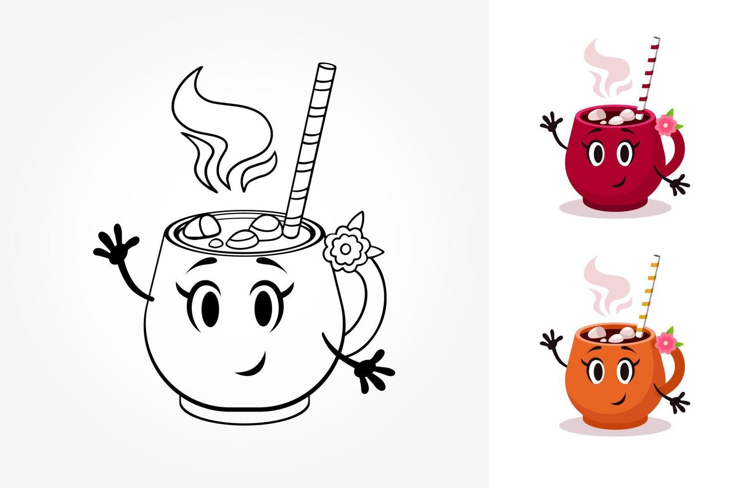 livro de colorir de copo de desenho vetorial. ilustração de contorno com bebida quente e marshmallow. variações de cores vetor
