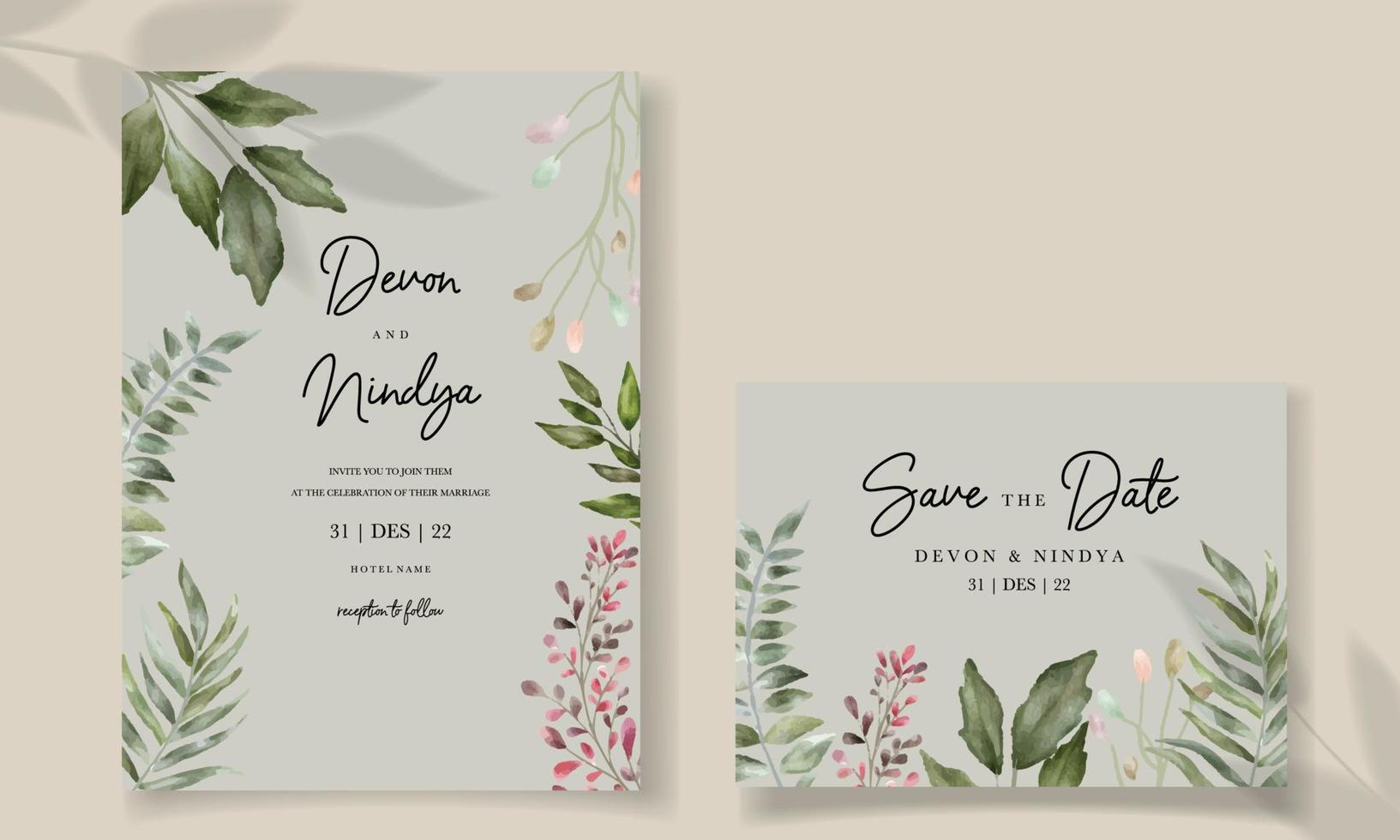 cartão de convite de casamento com linda decoração de folha verde aquarela vetor