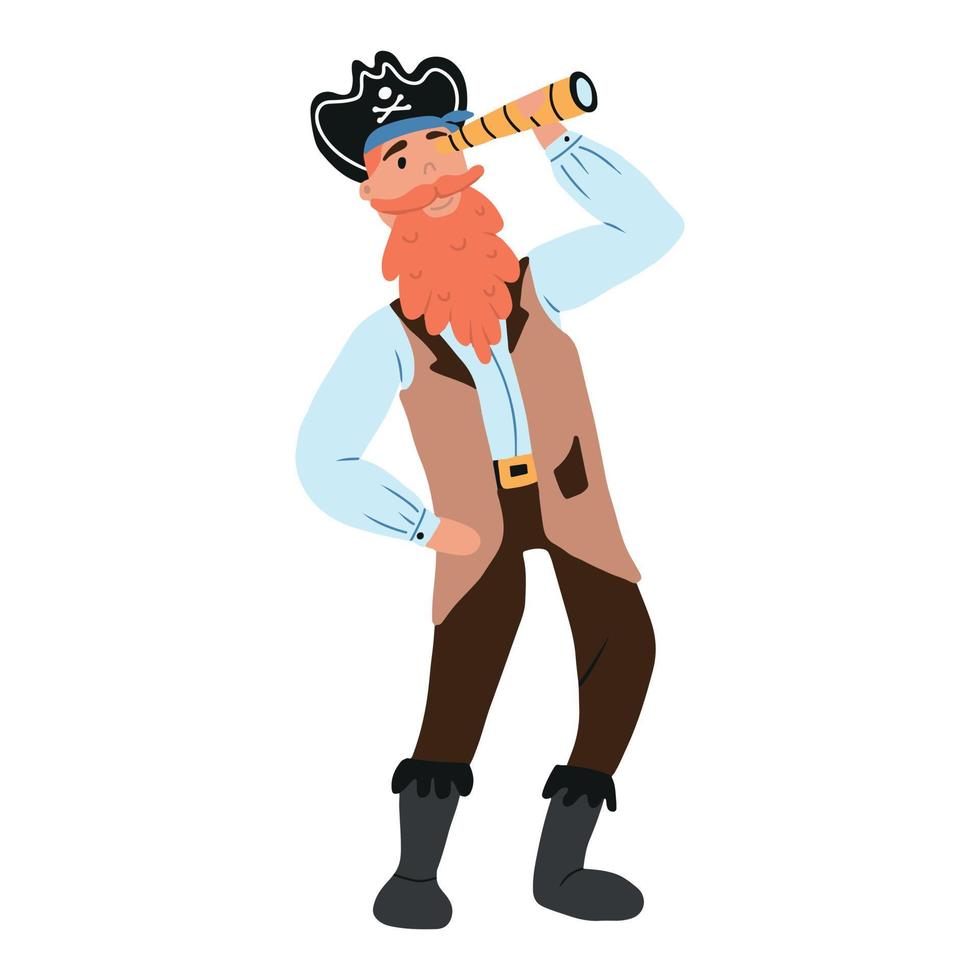 ilustração em vetor de pirata masculino bonito com barba ruiva. capitão pirata. o pirata olha pela luneta.
