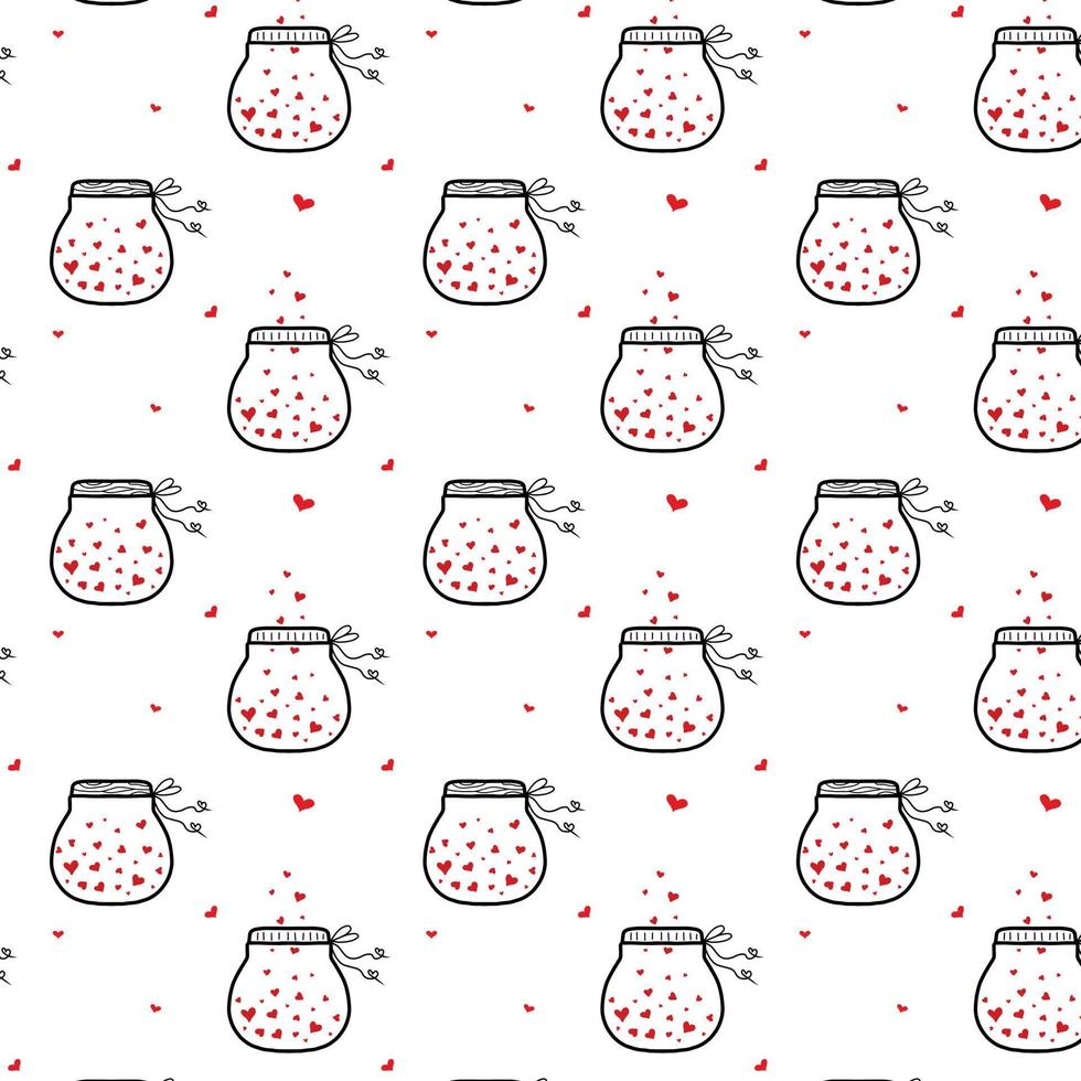 padrão de vetor com jarra de vidro e corações. padrão para o dia dos namorados. estilo doodle.