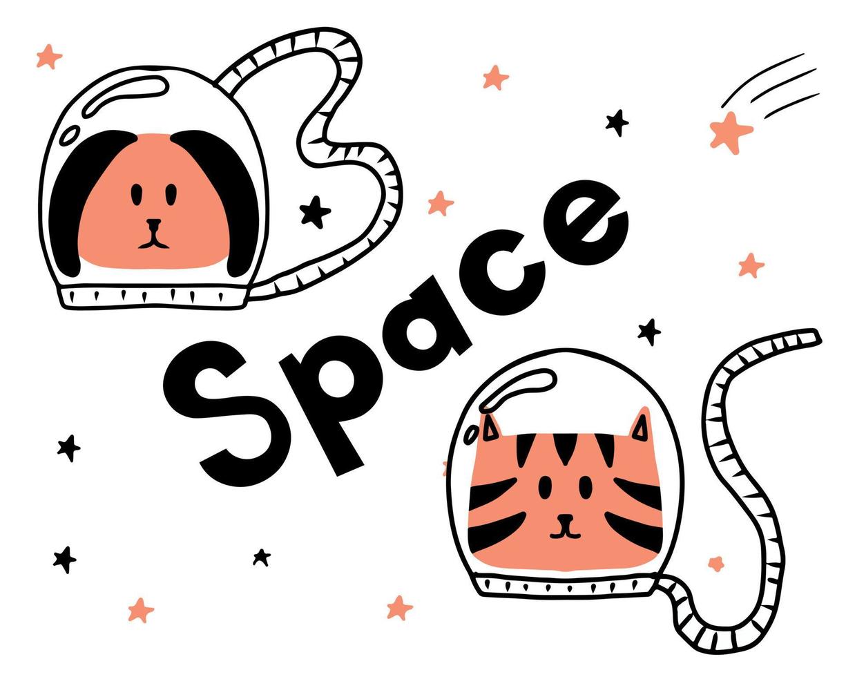 pôster infantil desenhado à mão com um astronauta de gato e cachorro. astronautas de animais de estimação no espaço. vetor