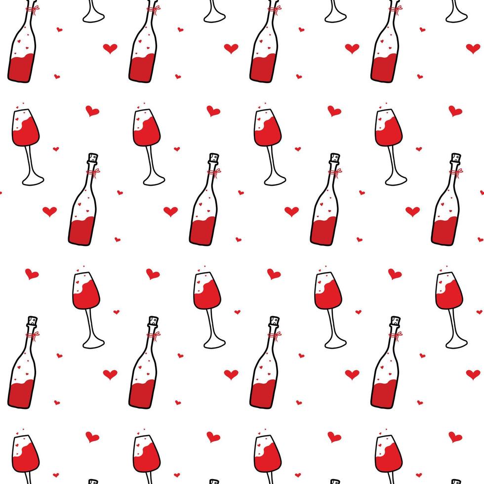 padrão vetorial com taças de vinho e vinho. padrão bonito com uma garrafa e um copo de vinho para o dia dos namorados. estilo doodle. vetor