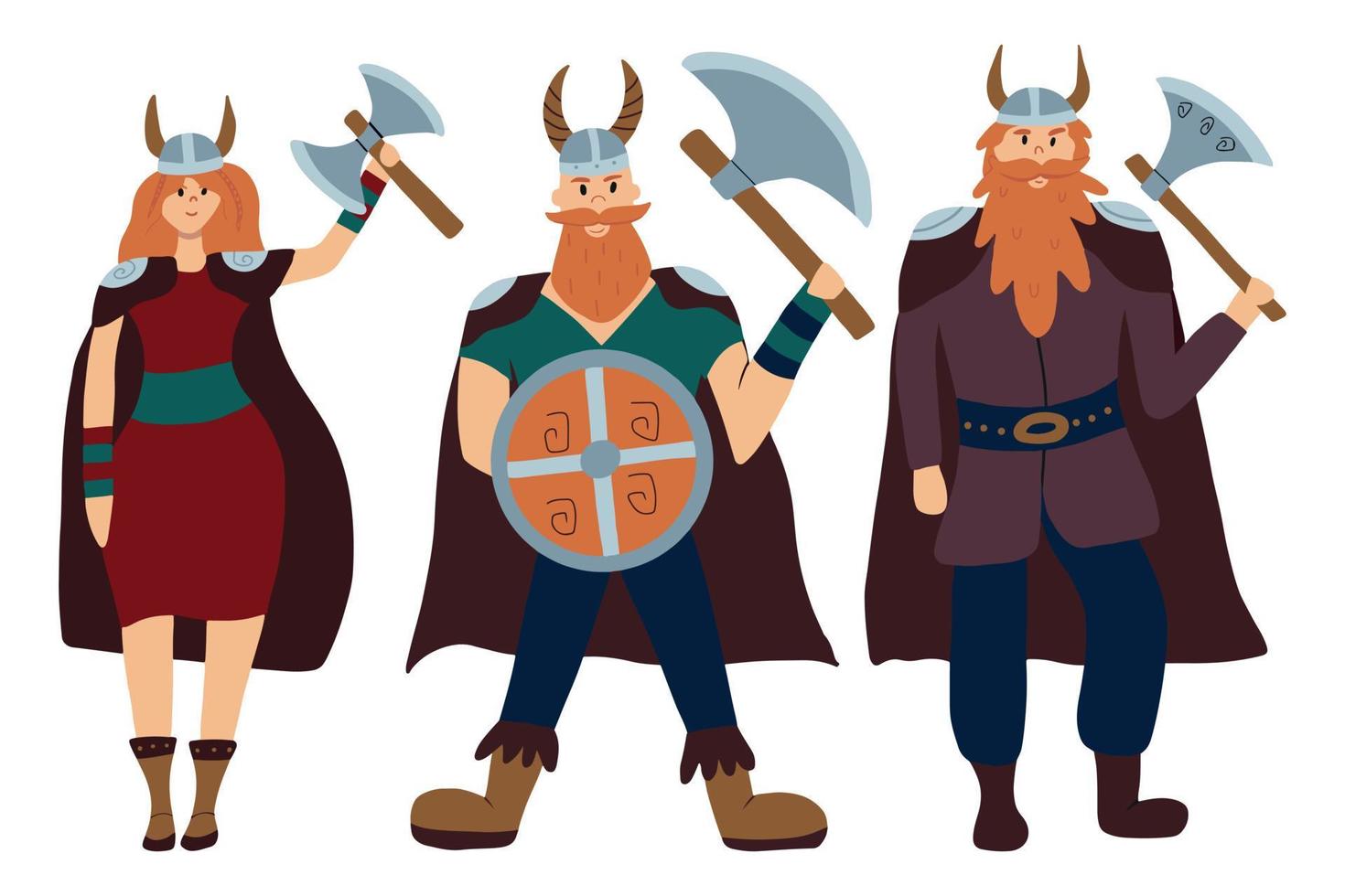 conjunto de vetores de vikings com machados. conjunto infantil de personagens vikings.