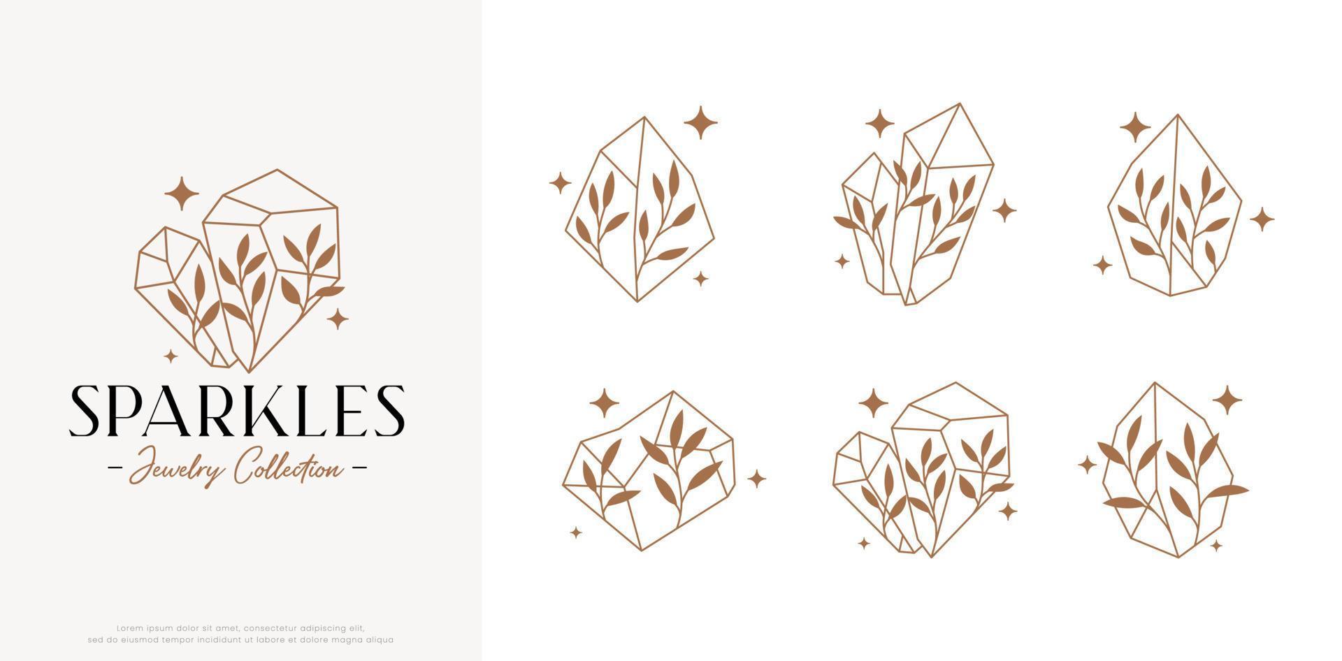 conjunto de logotipo de pedra preciosa com design de ornamento de folhagem vetor