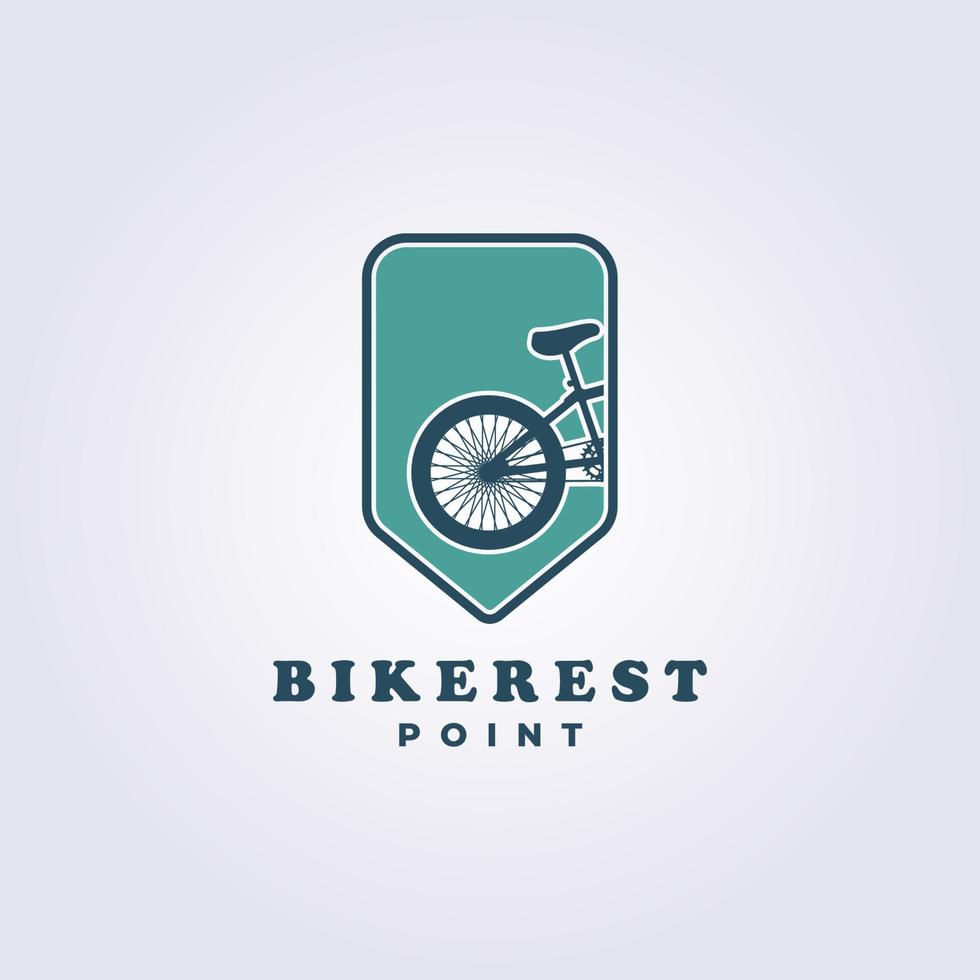 ponto de descanso de bicicletas, loja de bicicletas, design de ilustração vetorial de logotipo de oficina de reparação de bicicletas com bandeira de escudo de crachá de emblema vetor