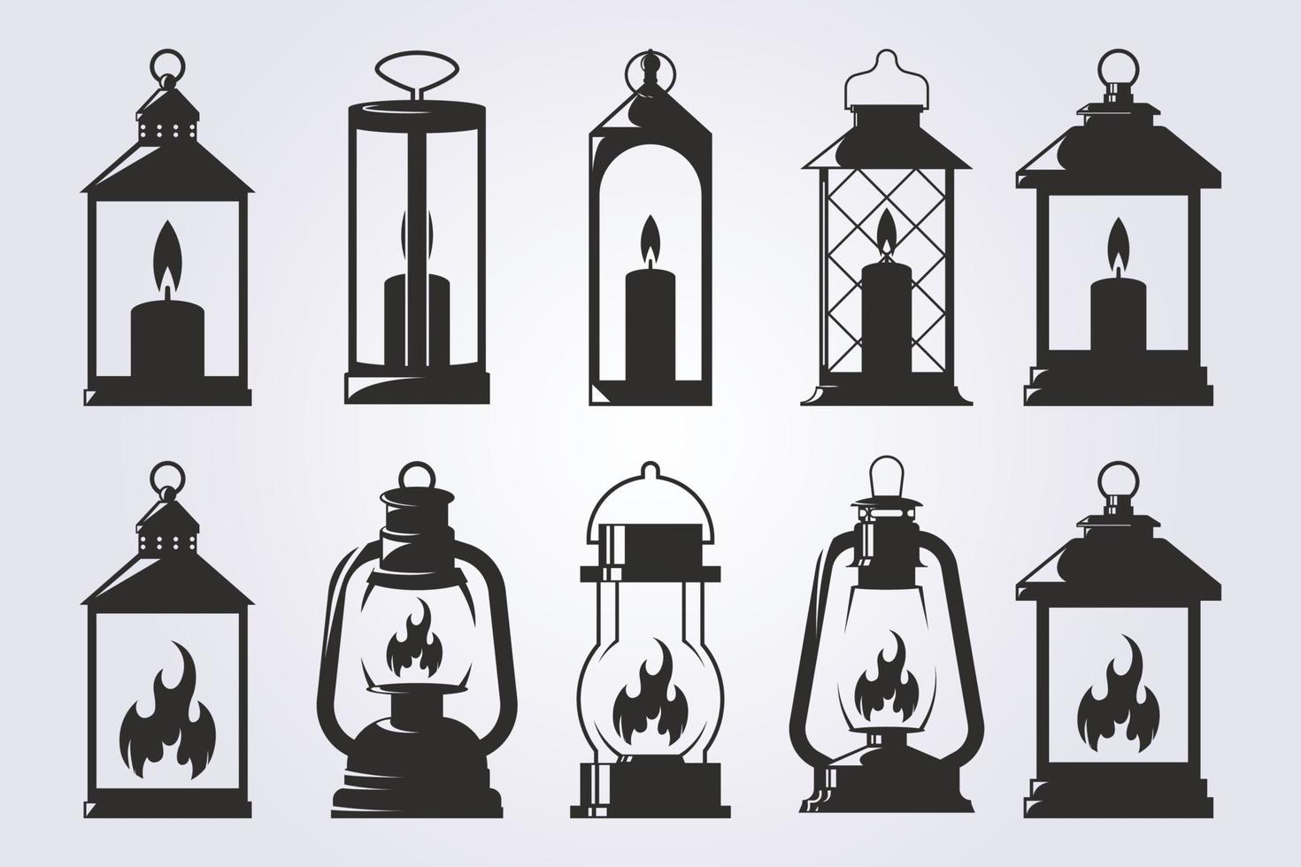 conjunto e pacote e várias lanterna de silhueta ou lâmpada pendurada ou ilustração de vela ícone símbolo logotipo vetor design vintage estilo retrô