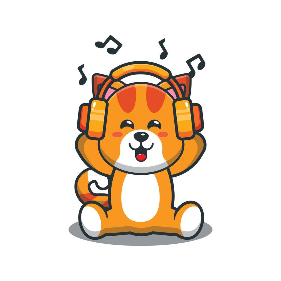 ilustração de desenho animado de mascote de gato fofo ouvindo música com fone de ouvido vetor