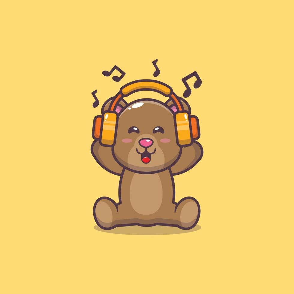 ilustração de desenho animado de mascote de urso fofo ouvindo música com fone de ouvido vetor