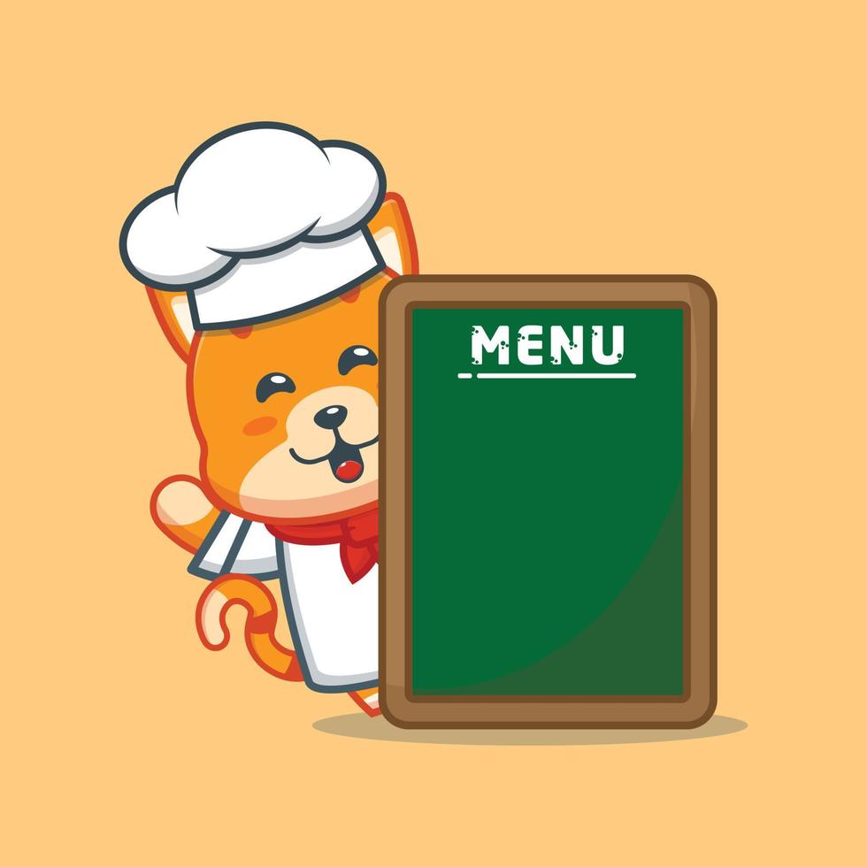 personagem de desenho animado de mascote de chef de gato fofo com placa de menu vetor