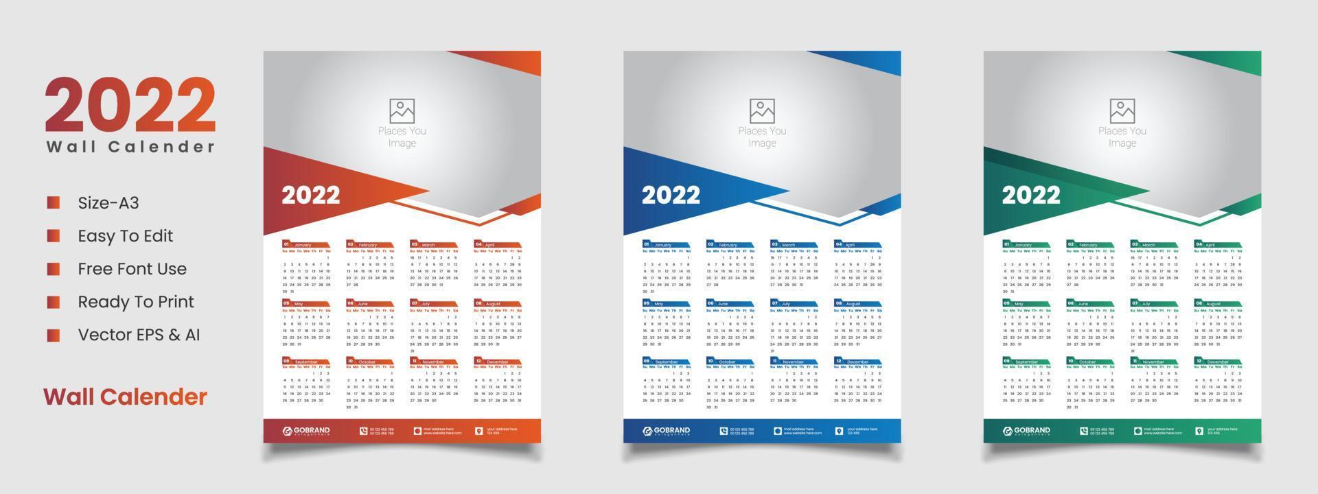 Design de calendário de parede 2022 vetor