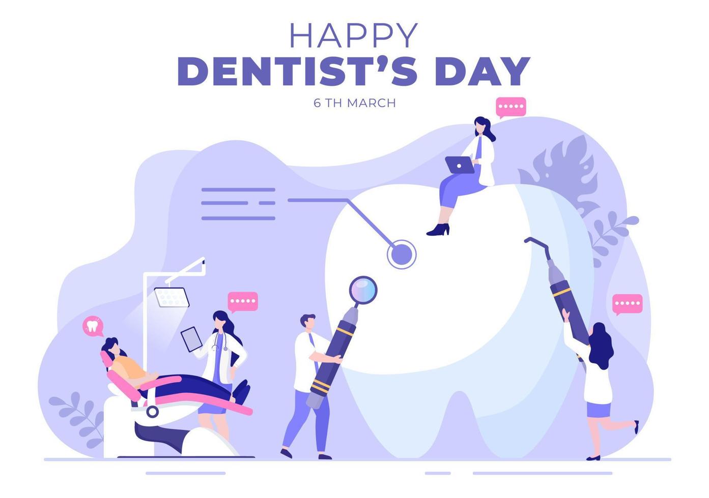 dia mundial do dentista com dente e odontologia para prevenir cáries e cuidados de saúde na ilustração de fundo plana dos desenhos animados adequada para pôster ou banner vetor