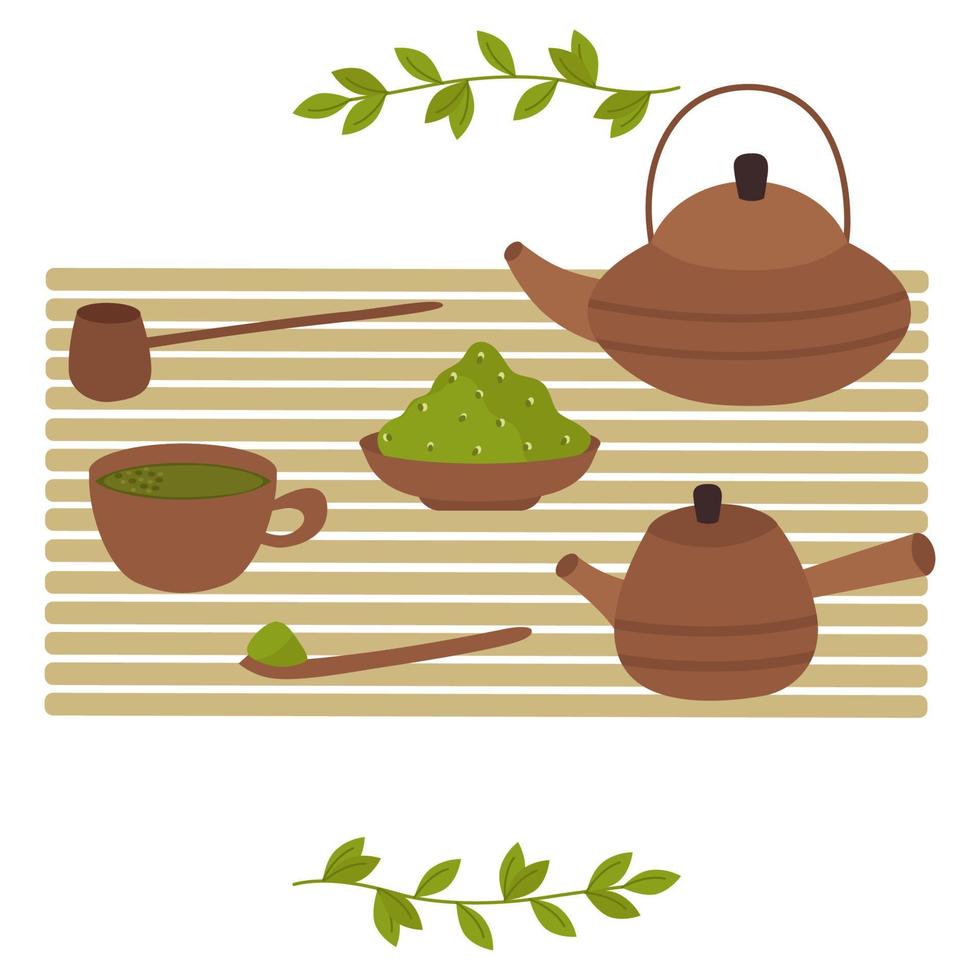 cerimônia do chá com matcha em pó verde. um bule, uma xícara, uma colher. ilustração vetorial isolada. para um cartão postal, design ou decoração vetor