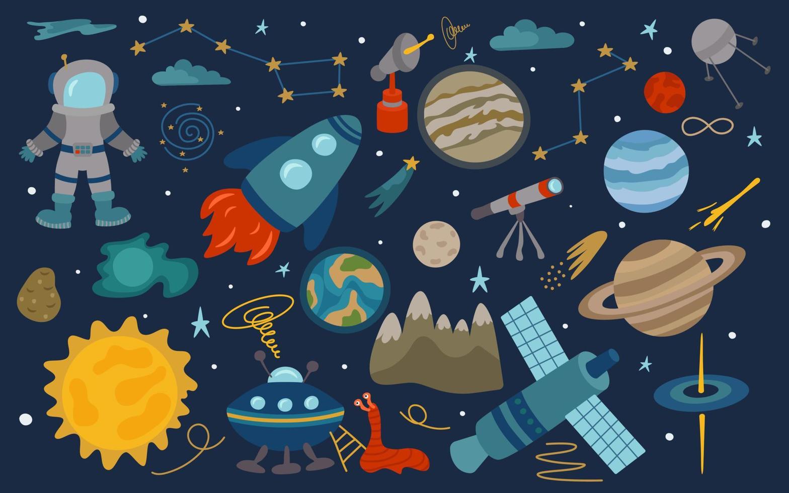 conjunto cósmico de elementos fofos de estilo cartoon. foguete, astronauta, planetas, nave alienígena, estrelas, cometas, satélite, sol, Ursa Maior. ilustração em vetor de uma galáxia em um fundo escuro para seu projeto.