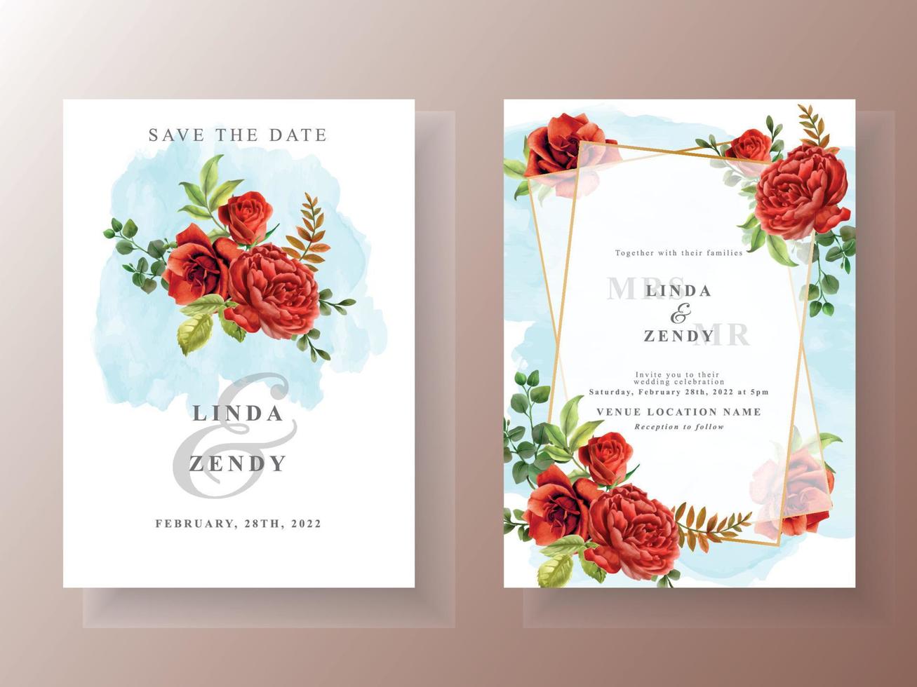 modelo de cartão de convite de casamento de lindas rosas vermelhas vetor
