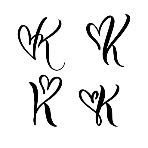 Grupo do vetor de monograma floral K do elemento da caligrafia do Valentim do elemento da letra do vintage. Entregue o sinal tirado do coração para a decoração da página e projete a ilustração. Cartão de casamento amor para convite