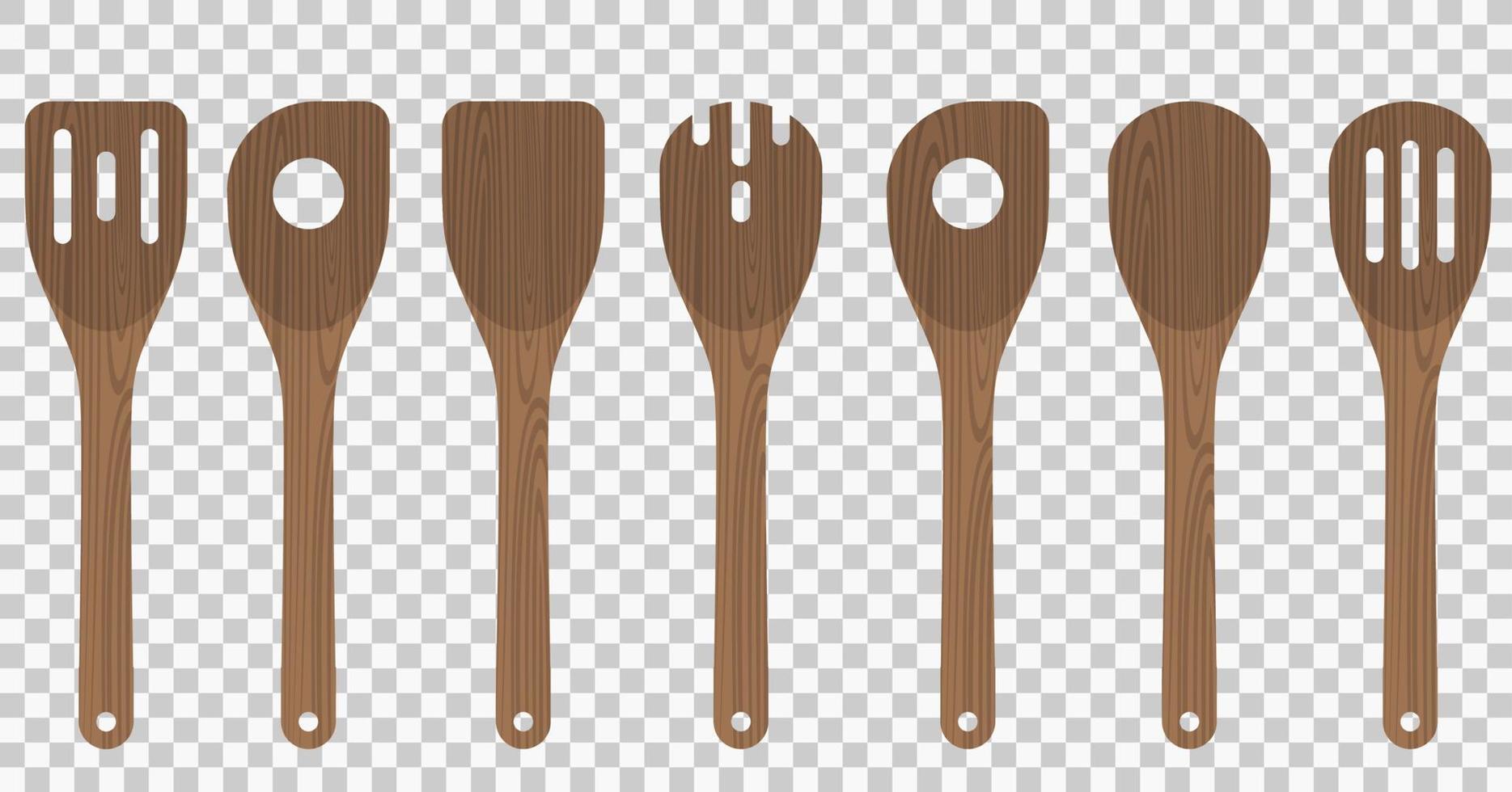 conjunto de utensílios de cozinha de madeira em fundo transparente. ilustração vetorial. vetor