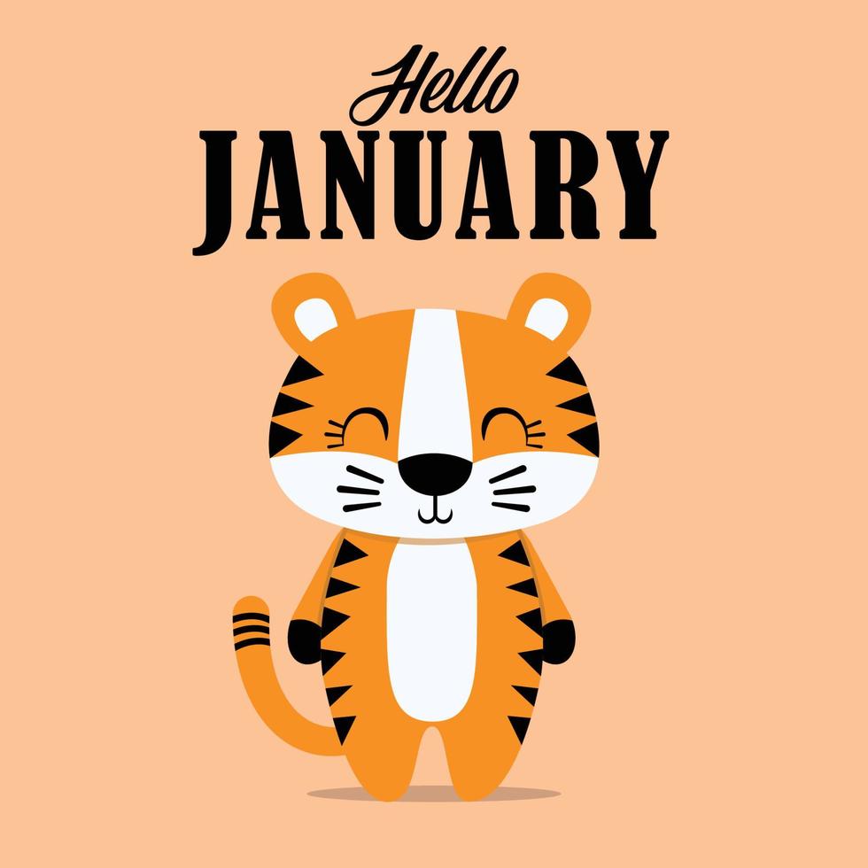 Olá janeiro, um cartão de felicitações com uma imagem de animal tigre fofo e adorável, em um plano de fundo colorido liso que é adequado para designs de modelos, convites e outras necessidades de design. vetor