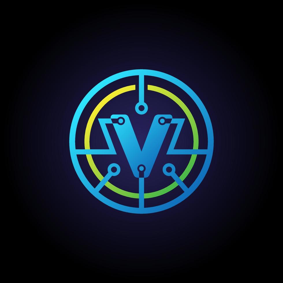 modelo de design de logotipo de letra inicial v, logotipo de vetor de ícone de tecnologia em círculo