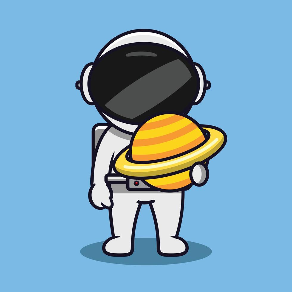 astronauta em pé e segurando a ilustração em vetor planeta Saturno dos desenhos animados. estilo de desenho animado gordo.