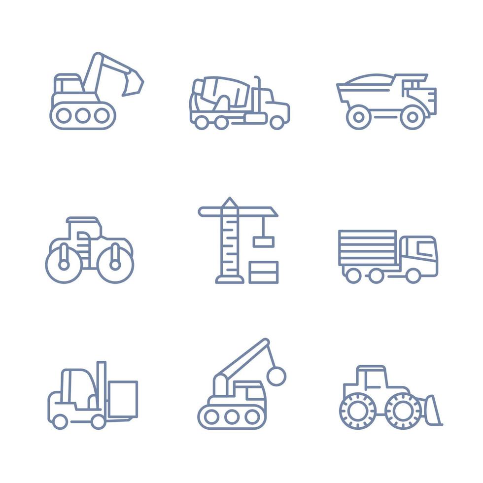 ícones de veículos de construção, estilo linear vetor