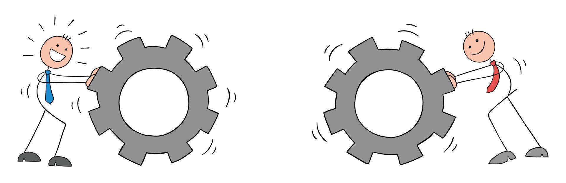 dois empresários de stickmen estão empurrando as engrenagens um para o outro, ilustração em vetor de desenho de contorno desenhado à mão