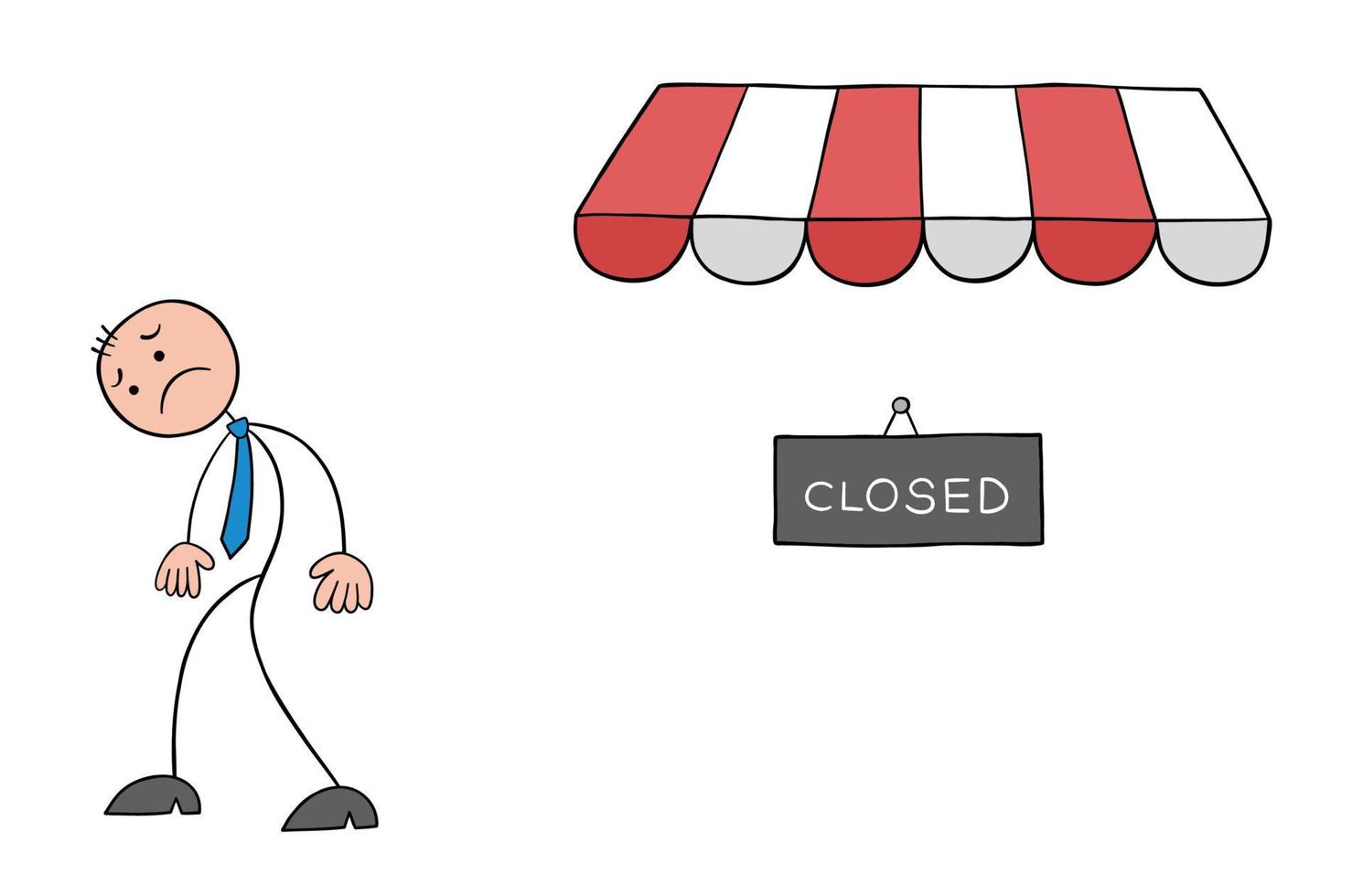 empresário de stickman retorna chateado porque a loja que ele veio para fazer compras está fechada, ilustração em vetor de desenho animado de contorno desenhado à mão