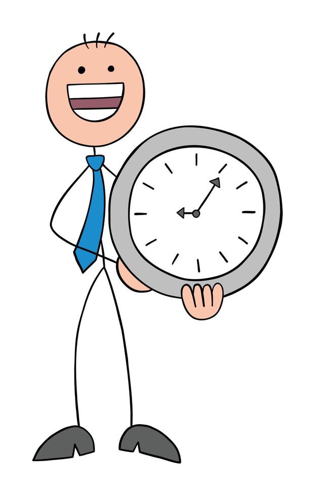 empresário de stickman segurando o relógio e muito feliz, ilustração em vetor de desenho animado desenhado à mão