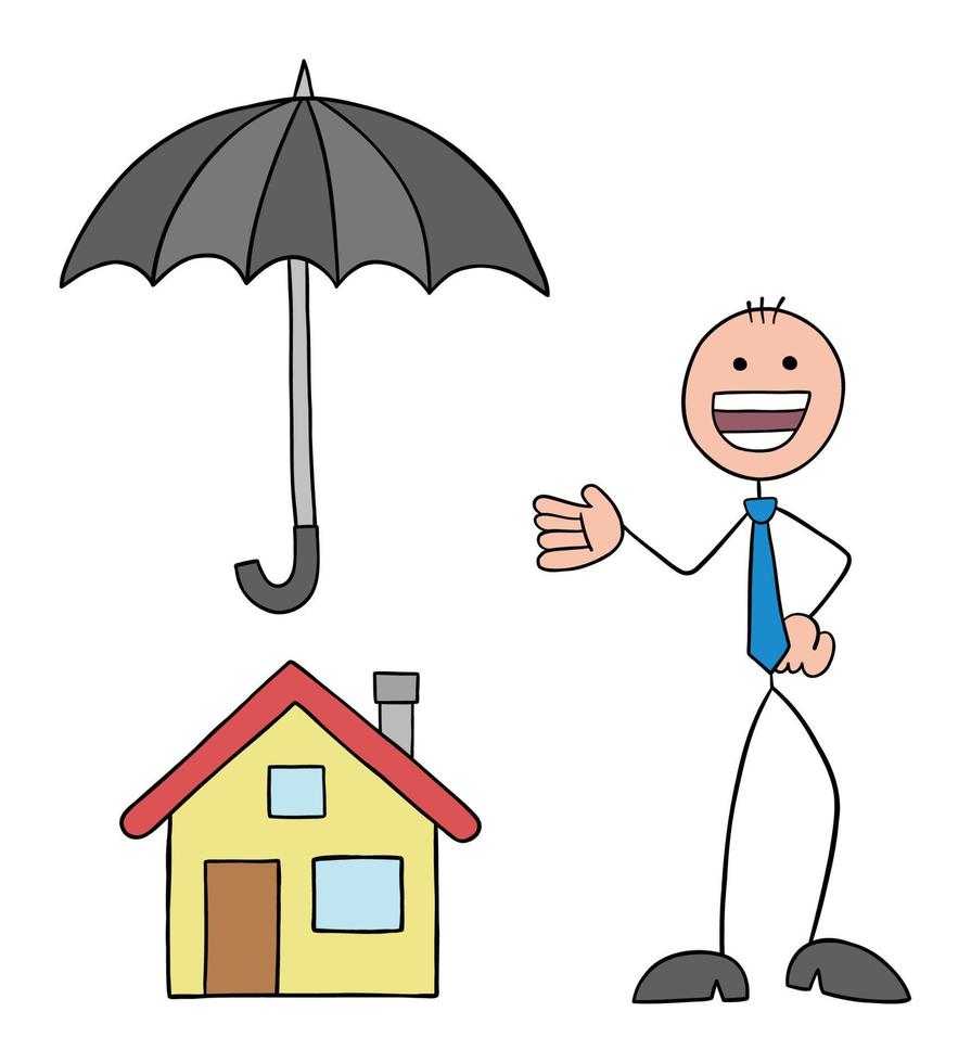 empresário de stickman está protegendo a casa com um guarda-chuva e está feliz, ilustração em vetor de desenho animado de contorno desenhado à mão
