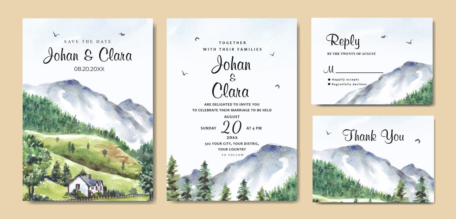 conjunto de convite de casamento de paisagem natural com aquarela de casa e montanha vetor