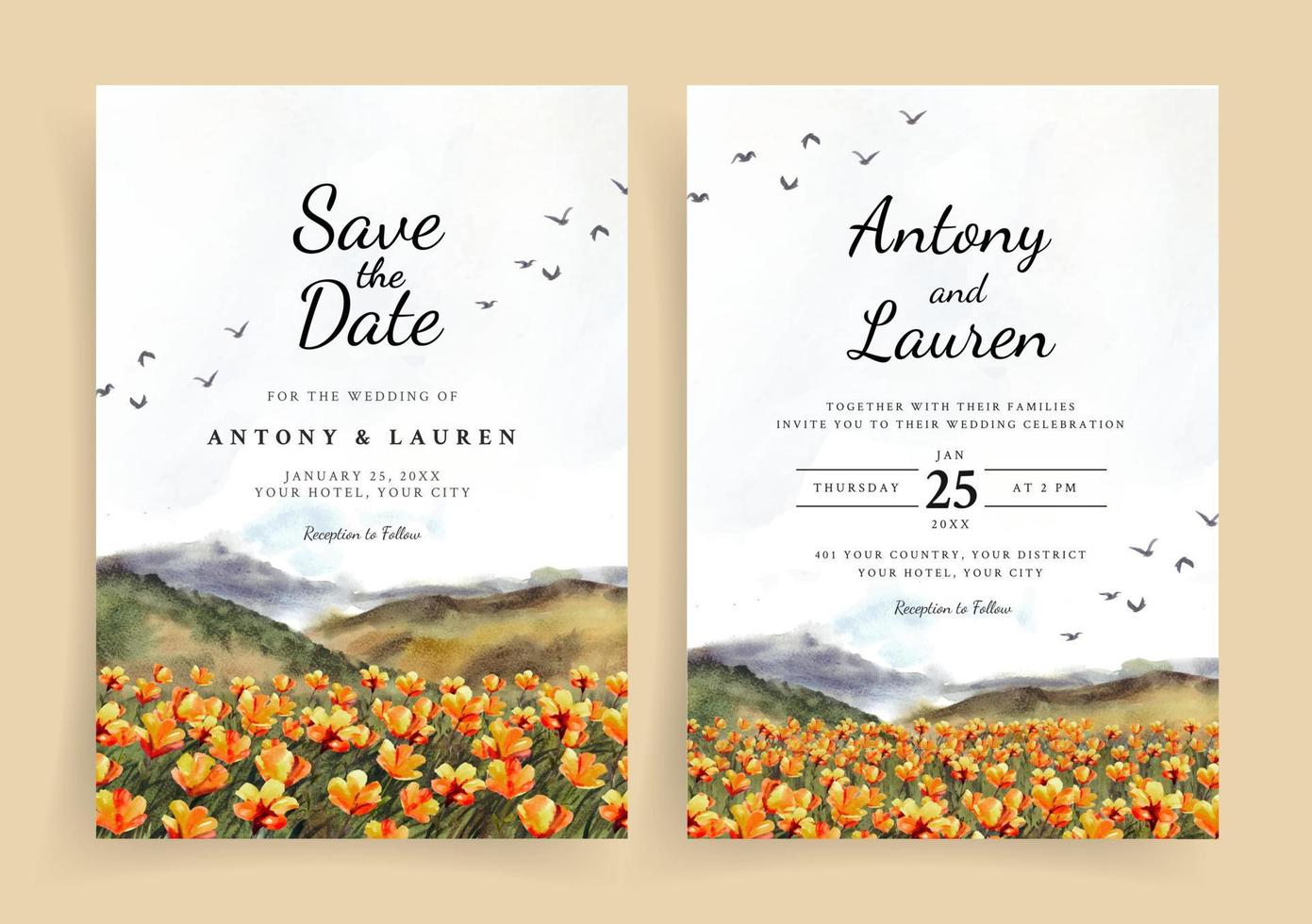 convite de casamento em aquarela da paisagem natural com lindas flores laranja vetor