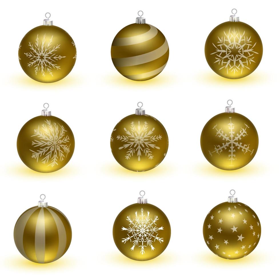 bolas de natal douradas. conjunto de decorações realistas isoladas vetor