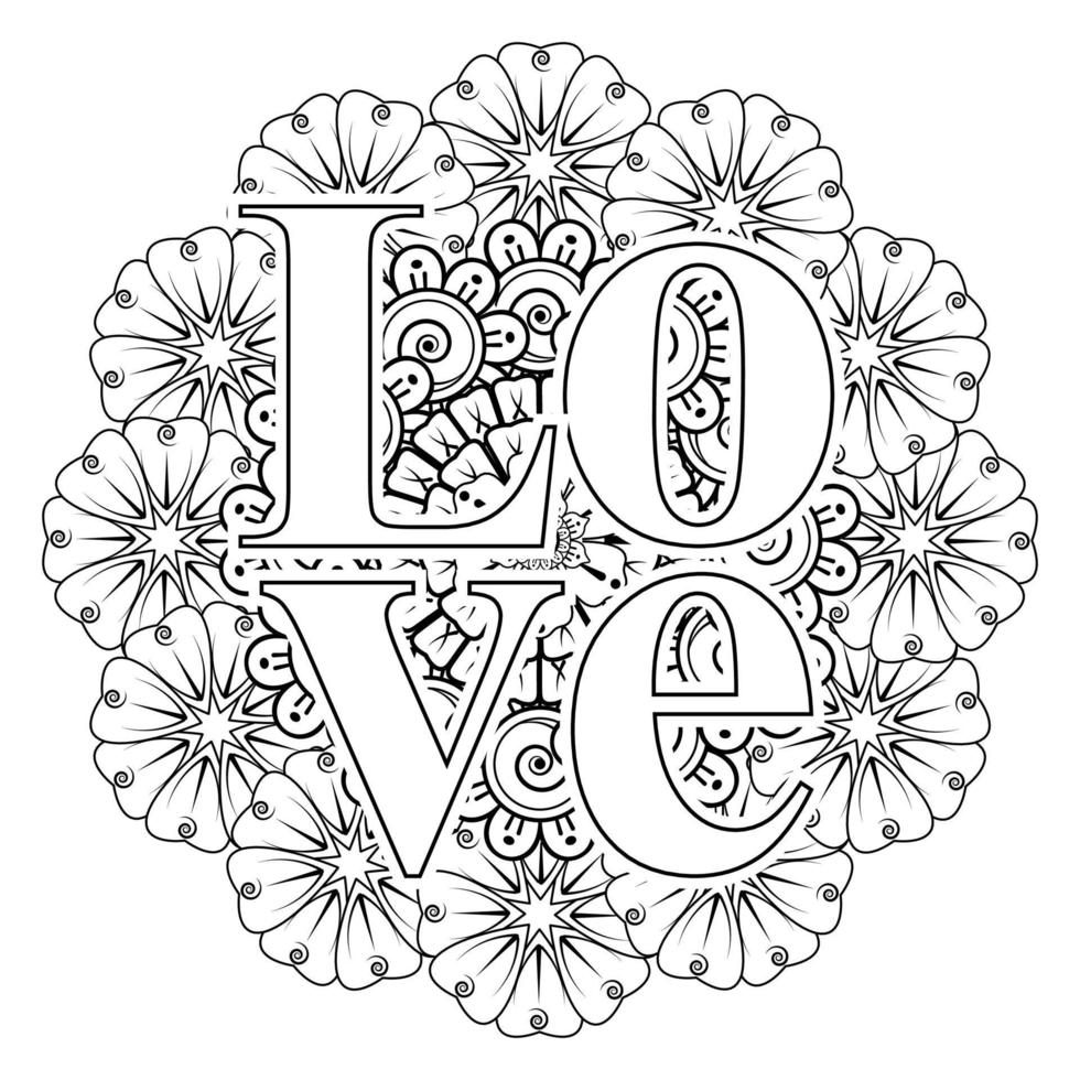 Palavras de amor com flores mehndi para colorir livro de colorir ornamento de doodle vetor