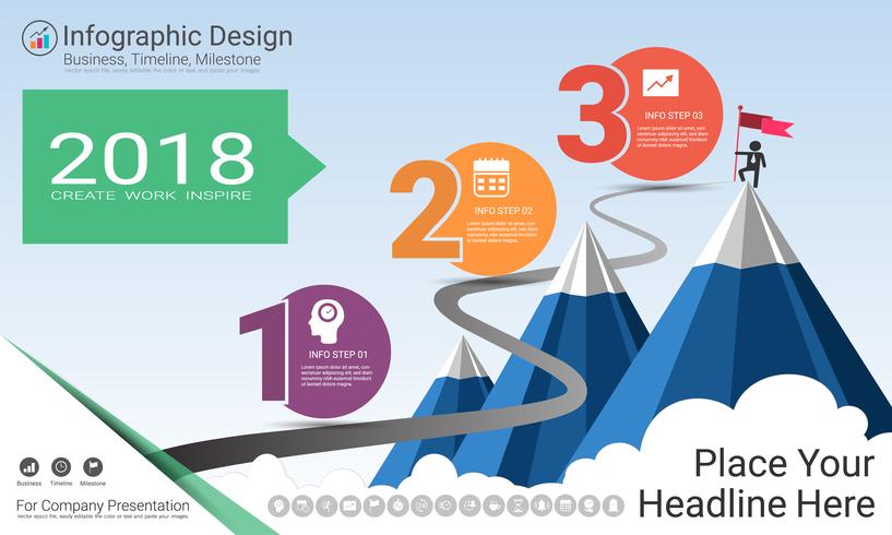 Relatório de infográficos de negócios, cronograma de milestone ou roteiro com opções de fluxograma de processo 3. vetor